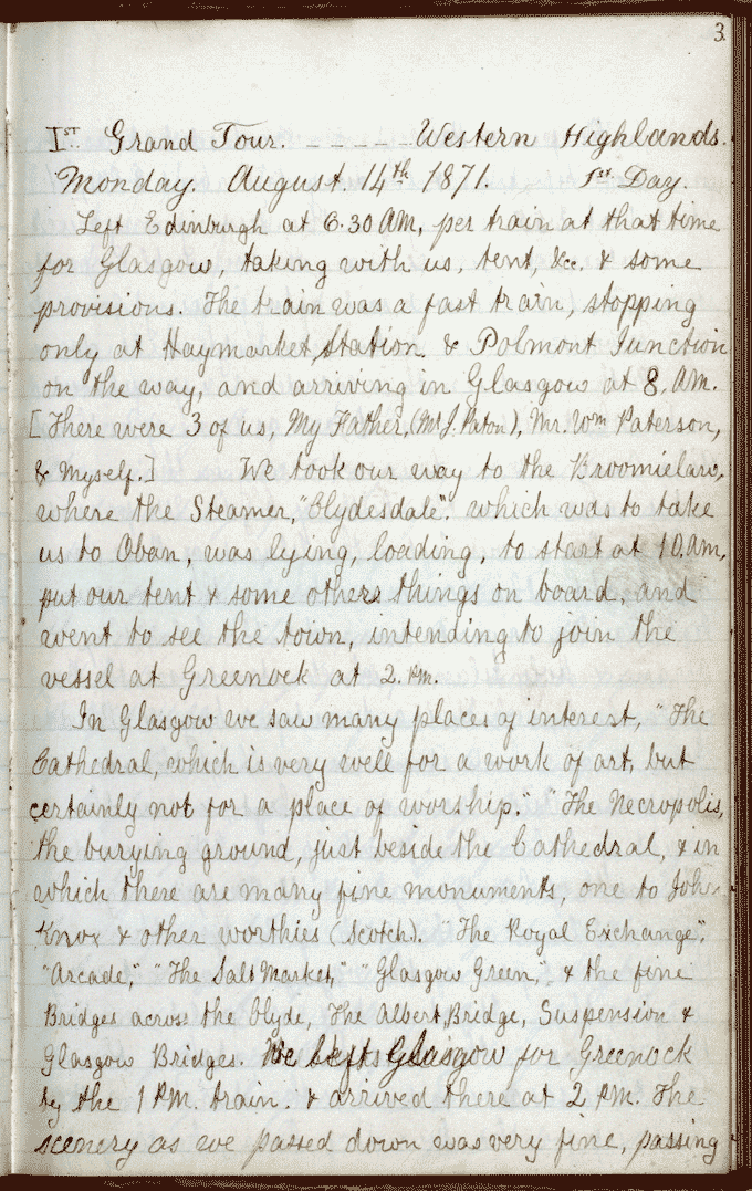 Image shows page 3 of Henry Paton's diary of his holiday in the Highlands, 1871. National Records of Scotland reference: GD1/1126/5 p.3